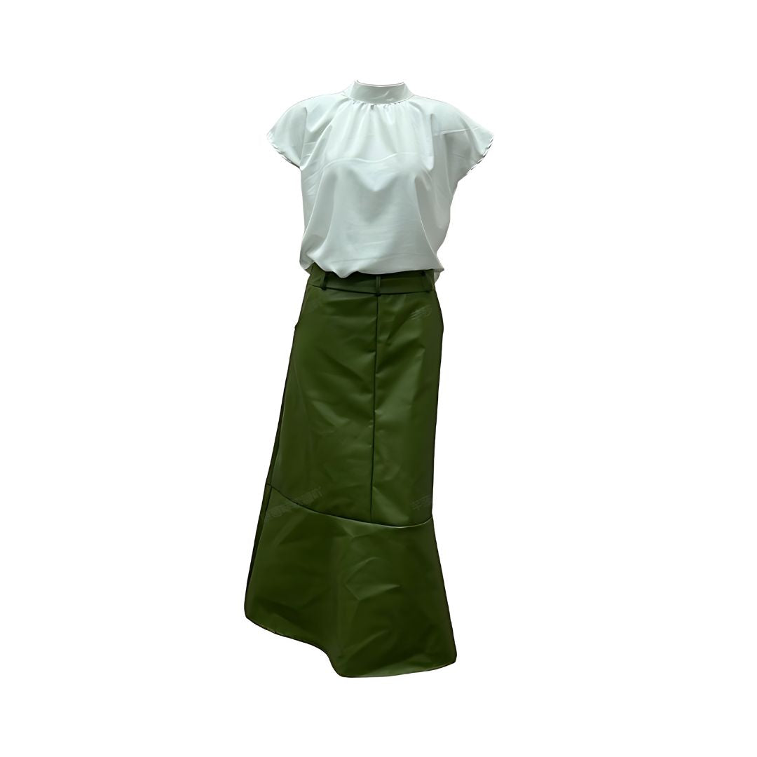 Carolien - Blouse With High Waist Leather Skirt Oak