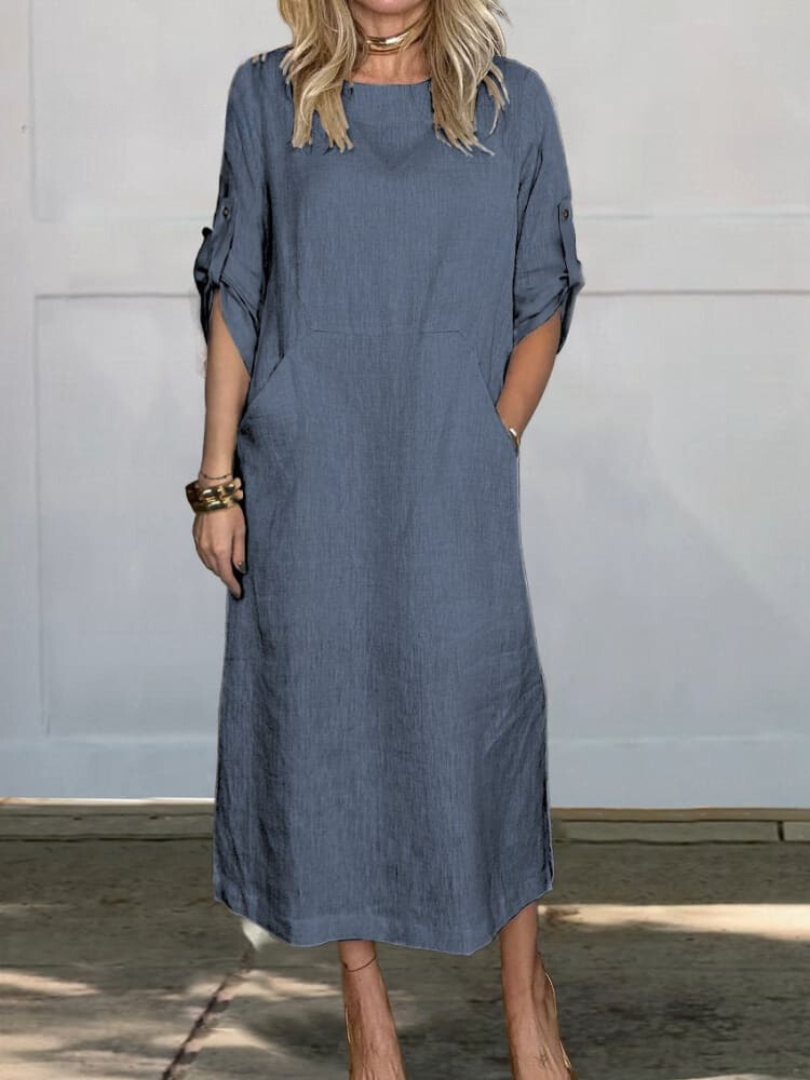 Mia™ - Comfortable Plain Linen Dress With Pockets