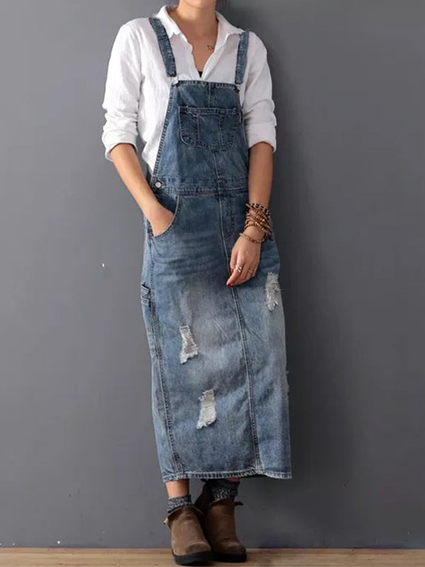 Hannah™ - Denim Dungaree Dress with Back Split