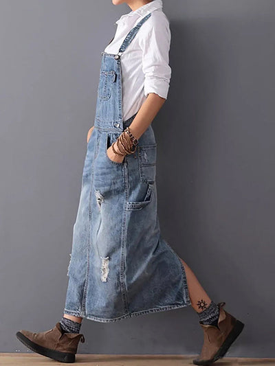 Hannah™ - Denim Dungaree Dress with Back Split