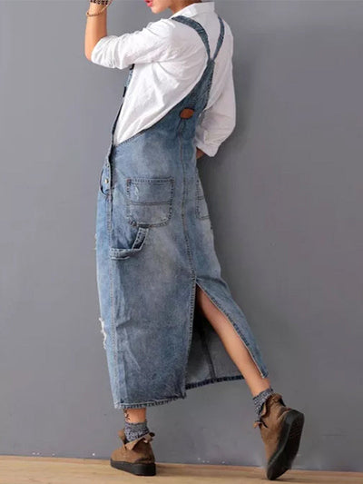 Hannah™ - Denim Dungaree Dress with Back Split