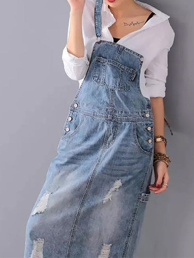 Hannah™ - Denim Dungaree Dress with Back Split