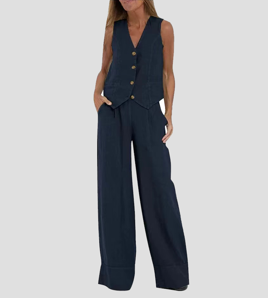 Aira™ - Buttoned Vest & Wide-Leg Trousers Set